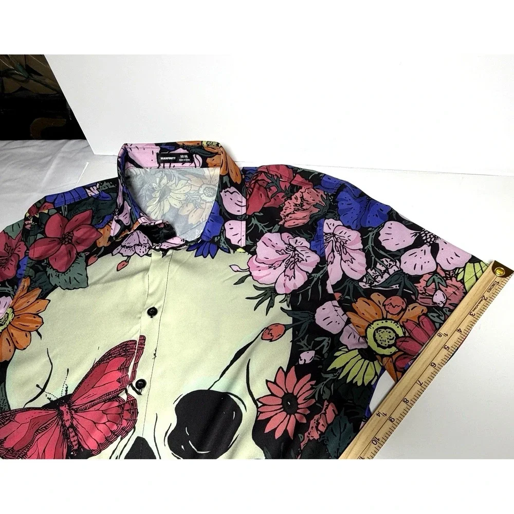 Men's Skull Floral Button Up Shirt 2XL Hawaiian Camp‎ Rockabilly